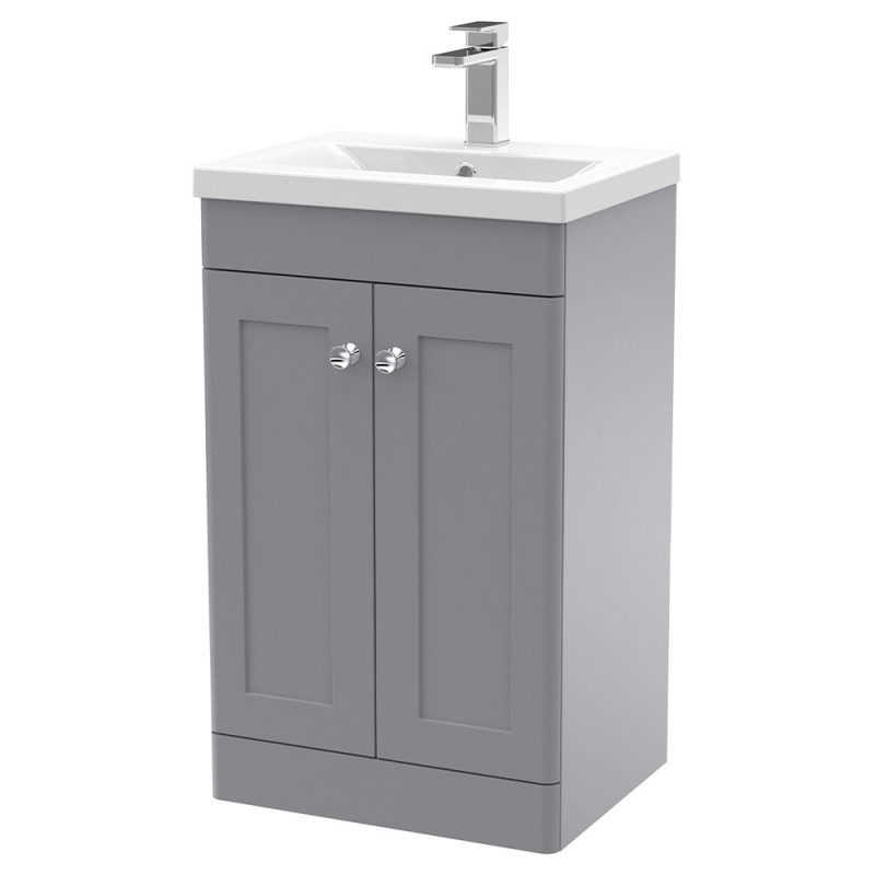 Classique 500mm Freestanding 2 Door Unit & Mid-Edge Ceramic Basin - Satin Grey Classique 500mm Freestanding 2 Door Unit & Mid-Edge Ceramic Basin - Satin Grey