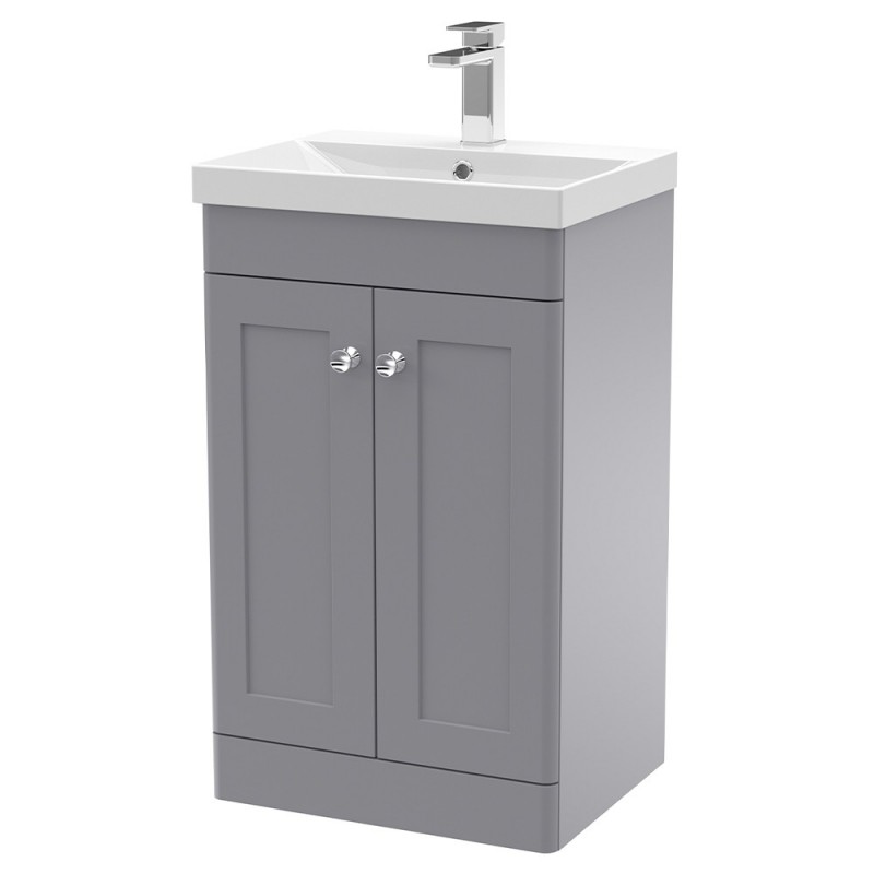 Classique 500mm Freestanding 2 Door Unit & Thin-Edge Ceramic Basin - Satin Grey Classique 500mm Freestanding 2 Door Unit & Thin-Edge Ceramic Basin - Satin Grey