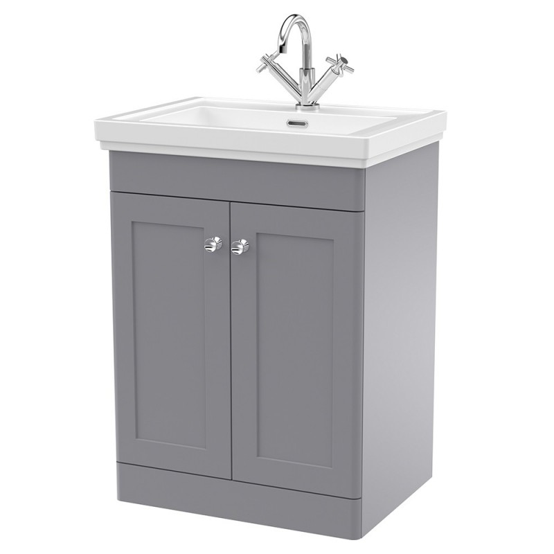 Classique 600mm Freestanding 2 Door Vanity Unit with Basin Satin Grey - 1 Tap Hole Classique 600mm Freestanding 2 Door Vanity Unit with Basin Satin Grey - 1 Tap Hole