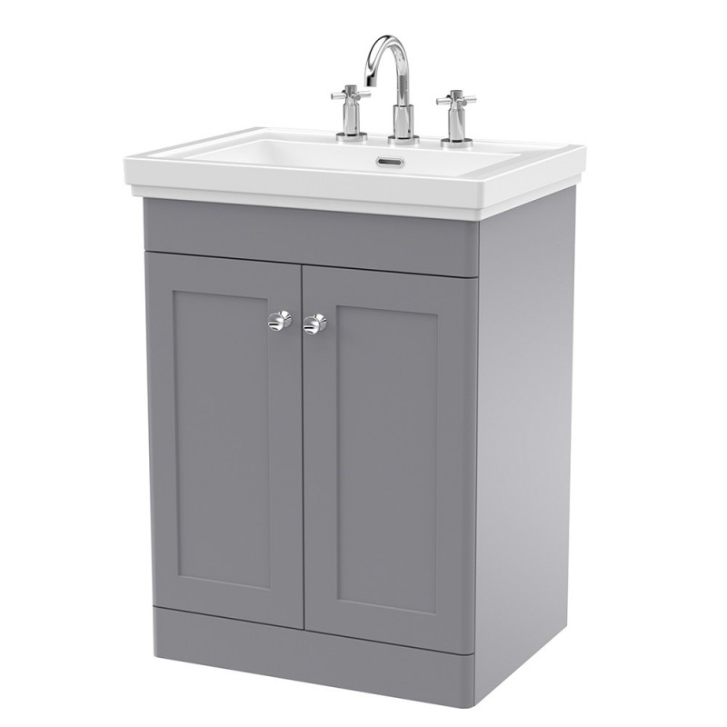 Classique 600mm Freestanding 2 Door Vanity Unit with Basin Satin Grey - 3 Tap Hole Classique 600mm Freestanding 2 Door Vanity Unit with Basin Satin Grey - 3 Tap Hole