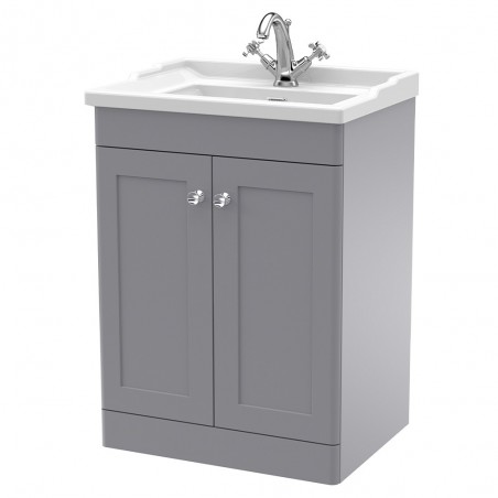 Classique 600mm Freestanding 2 Door Unit & 1 Tap Hole Fireclay Basin - Satin Grey