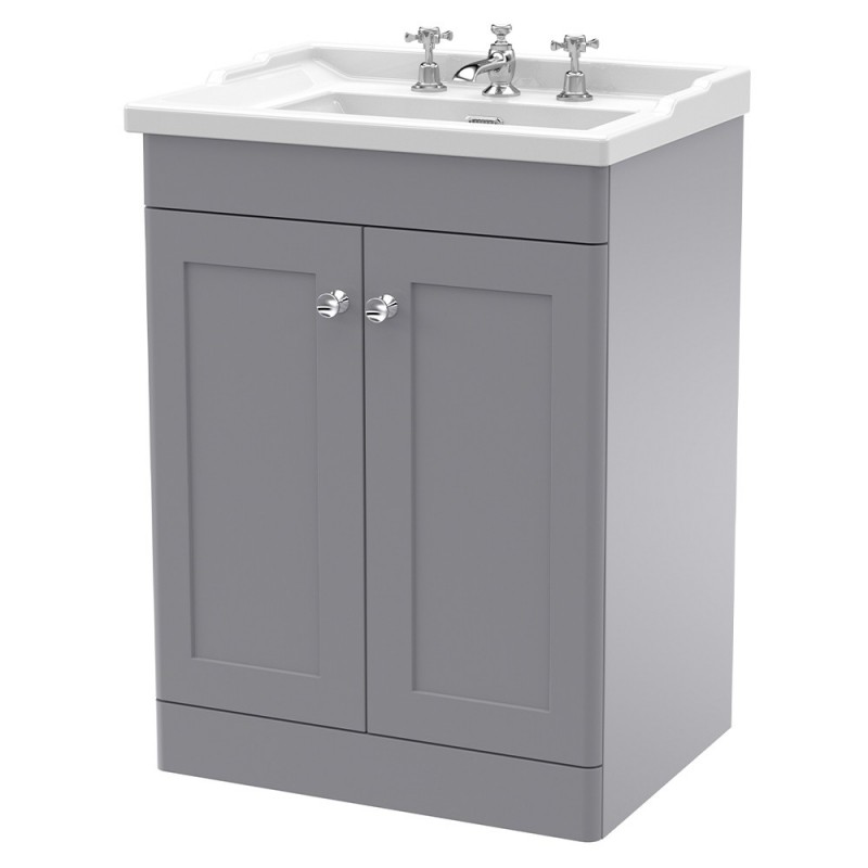 Classique 600mm Freestanding 2 Door Unit & 3 Tap Hole Fireclay Basin - Satin Grey