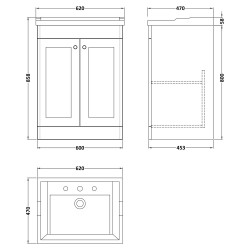 Classique 600mm Freestanding 2 Door Unit & 3 Tap Hole Fireclay Basin - Satin Grey - Technical Drawing