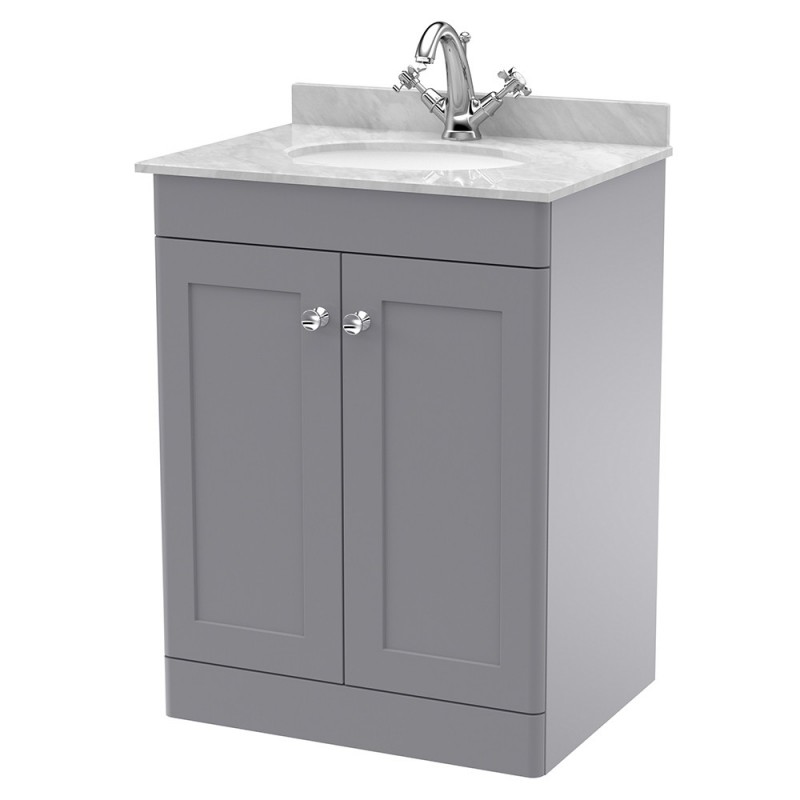 Classique 600mm Freestanding 2 Door Unit & 1 Tap Hole Marble Top with Oval Basin - Satin Grey/Bellato Grey