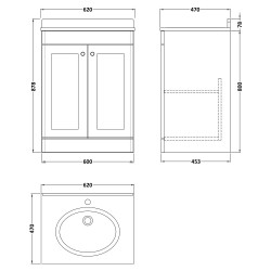 Classique 600mm Freestanding 2 Door Unit & 1 Tap Hole Marble Top with Oval Basin - Satin Grey/Bellato Grey - Technical Drawing