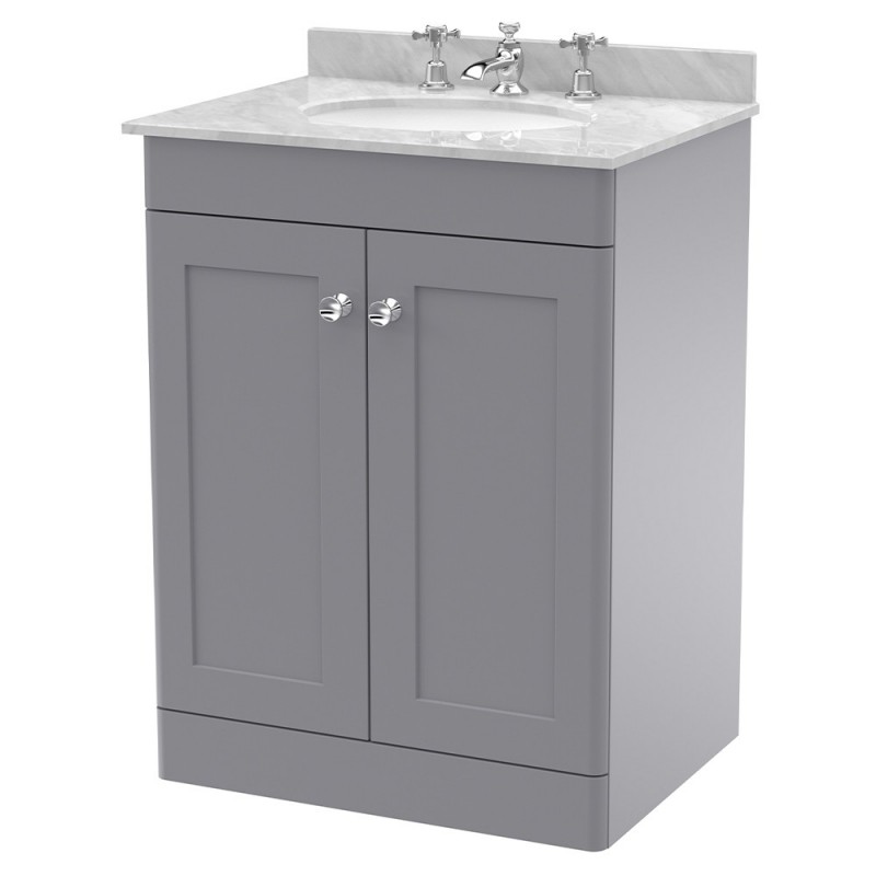 Classique 600mm Freestanding 2 Door Unit & 3 Tap Hole Marble Top with Oval Basin - Satin Grey/Bellato Grey