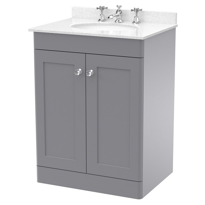 Classique 600mm Freestanding 2 Door Unit & 3 Tap Hole Marble Top with Oval Basin - Satin Grey/White Sparkle Classique 600mm Freestanding 2 Door Unit & 3 Tap Hole Marble Top with Oval Basin - Satin Grey/White Sparkle