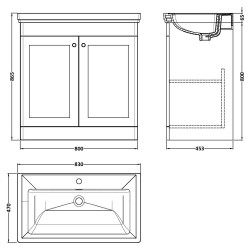 Classique 800mm Freestanding 2 Door Vanity Unit with Basin Satin Grey - 1 Tap Hole - Technical Drawing