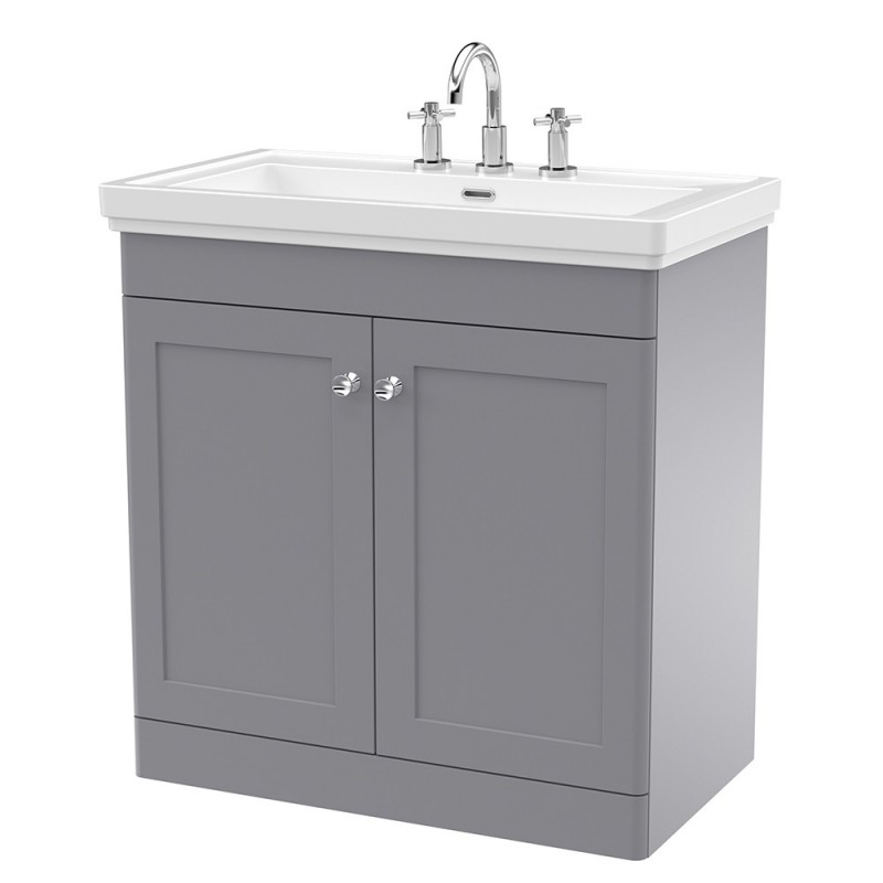 Classique 800mm Freestanding 2 Door Vanity Unit with Basin Satin Grey - 3 Tap Hole Classique 800mm Freestanding 2 Door Vanity Unit with Basin Satin Grey - 3 Tap Hole