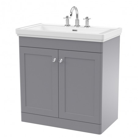 Classique 800mm Freestanding 2 Door Vanity Unit with Basin Satin Grey - 3 Tap Hole