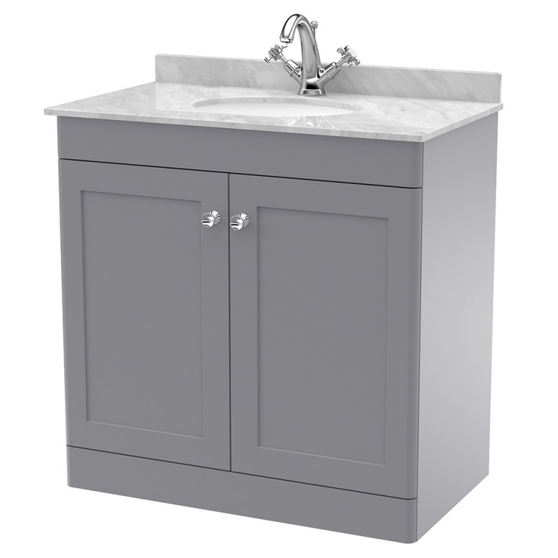 Classique 800mm Freestanding 2 Door Unit & 1 Tap Hole Marble Top with Oval Basin - Satin Grey/Bellato Grey