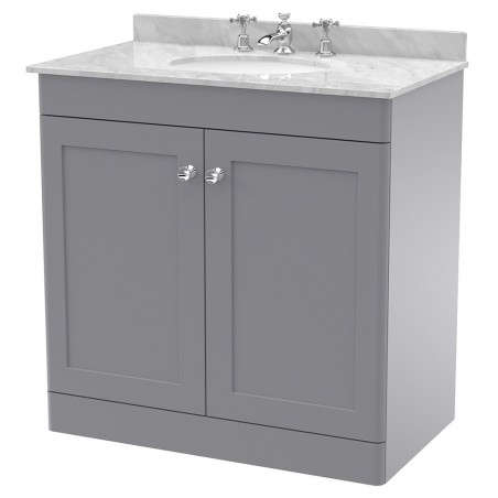 Classique 800mm Freestanding 2 Door Unit & 3 Tap Hole Marble Top with Oval Basin - Satin Grey/Bellato Grey