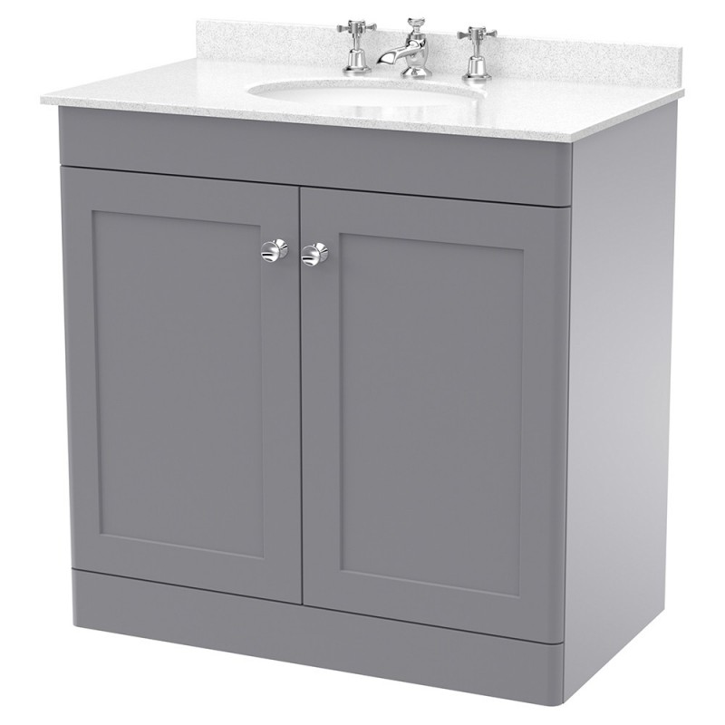 Classique 800mm Freestanding 2 Door Unit & 3 Tap Hole Marble Top with Oval Basin - Satin Grey/White Sparkle Classique 800mm Freestanding 2 Door Unit & 3 Tap Hole Marble Top with Oval Basin - Satin Grey/White Sparkle