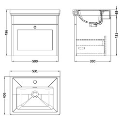Classique 500mm Wall Hung 1 Drawer Vanity Unit with Basin Satin Grey - 1 Tap Hole - Technical Drawing