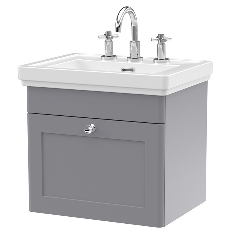 Classique 500mm Wall Hung 1 Drawer Vanity Unit with Basin Satin Grey - 3 Tap Hole Classique 500mm Wall Hung 1 Drawer Vanity Unit with Basin Satin Grey - 3 Tap Hole