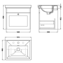 Classique 500mm Wall Hung 1 Drawer Vanity Unit with Basin Satin Grey - 3 Tap Hole - Technical Drawing