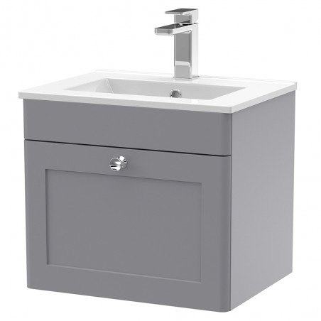 Classique 500mm Wall Hung 1 Drawer Unit & Minimalist Ceramic Basin - Satin Grey