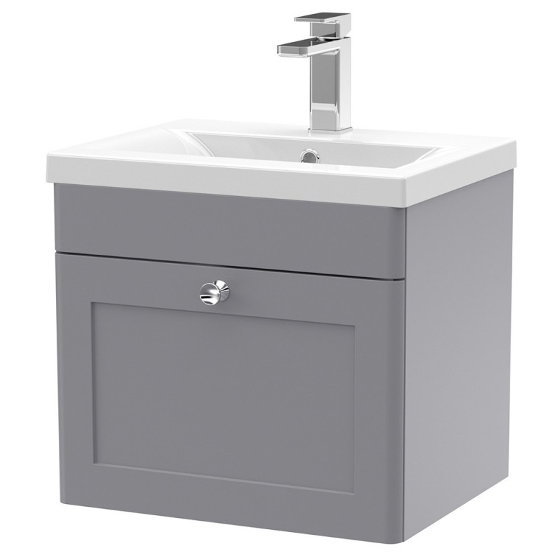 Classique 500mm Wall Hung 1 Drawer Unit & Mid-Edge Ceramic Basin - Satin Grey Classique 500mm Wall Hung 1 Drawer Unit & Mid-Edge Ceramic Basin - Satin Grey