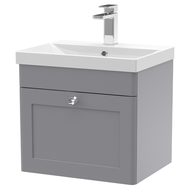 Classique 500mm Wall Hung 1 Drawer Unit & Thin-Edge Ceramic Basin - Satin Grey Classique 500mm Wall Hung 1 Drawer Unit & Thin-Edge Ceramic Basin - Satin Grey
