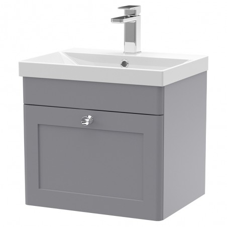 Classique 500mm Wall Hung 1 Drawer Unit & Thin-Edge Ceramic Basin - Satin Grey