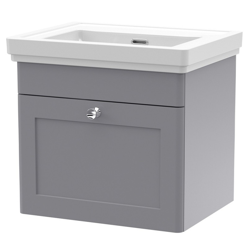 Classique 500mm Wall Hung 1 Drawer Unit & 0 Tap Hole Fireclay Basin - Satin Grey Classique 500mm Wall Hung 1 Drawer Unit & 0 Tap Hole Fireclay Basin - Satin Grey