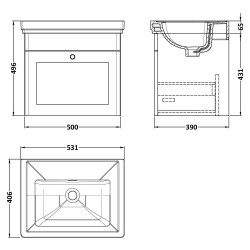 Classique 500mm Wall Hung 1 Drawer Unit & 0 Tap Hole Fireclay Basin - Satin Grey - Technical Drawing