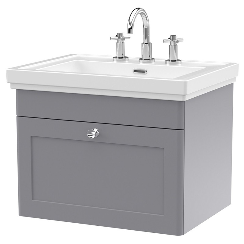 Classique 600mm Wall Hung 1 Drawer Vanity Unit with Basin Satin Grey - 3 Tap Hole Classique 600mm Wall Hung 1 Drawer Vanity Unit with Basin Satin Grey - 3 Tap Hole