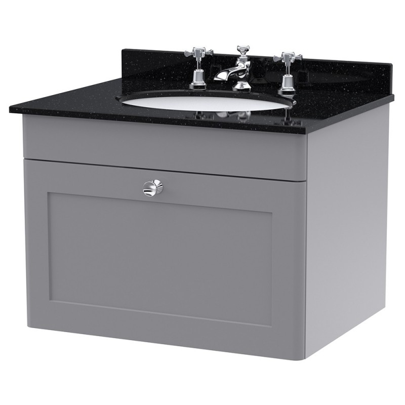 Classique 600mm Wall Hung 1 Drawer Unit & 3 Tap Hole Marble Top with Oval Basin - Satin Grey/Black Sparkle Classique 600mm Wall Hung 1 Drawer Unit & 3 Tap Hole Marble Top with Oval Basin - Satin Grey/Black Sparkle