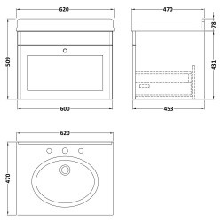Classique 600mm Wall Hung 1 Drawer Unit & 3 Tap Hole Marble Top with Oval Basin - Satin Grey/Black Sparkle - Technical Drawing