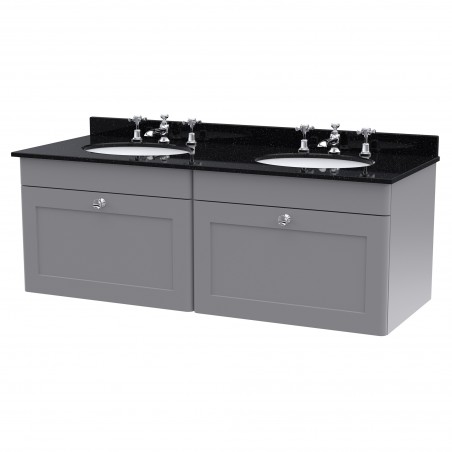 Classique 1200mm Wall Hung 2 Drawer Unit & 3 Tap Hole Marble Top with Oval Basin - Satin Grey/Black Sparkle