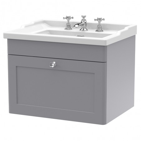 Classique 600mm Wall Hung 1 Drawer Unit & 3 Tap Hole Fireclay Basin - Satin Grey