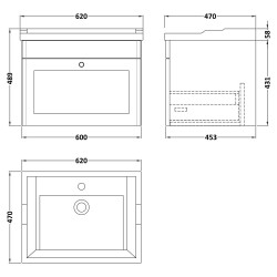 Classique 600mm Wall Hung 1 Drawer Unit & 3 Tap Hole Fireclay Basin - Satin Grey - Technical Drawing