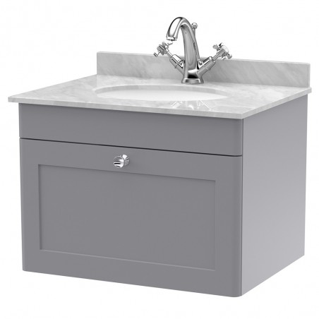 Classique 600mm Wall Hung 1 Drawer Unit & 1 Tap Hole Marble Top with Oval Basin - Satin Grey/Bellato Grey