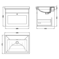 Classique 600mm Wall Hung 1 Drawer Unit & 0 Tap Hole Fireclay Basin - Satin Grey - Technical Drawing