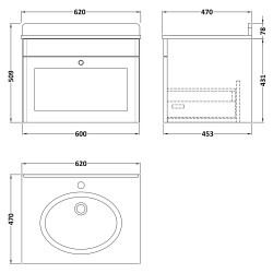 Classique 600mm Wall Hung 1 Drawer Unit & 1 Tap Hole Marble Top with Oval Basin - Satin Grey/White Sparkle - Technical Drawing