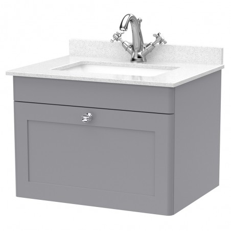 Classique 600mm Wall Hung 1 Drawer Unit & 1 Tap Hole Marble Top with Square Basin - Satin Grey/White Sparkle