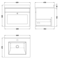 Classique 600mm Wall Hung 1 Drawer Unit & 1 Tap Hole Marble Top with Square Basin - Satin Grey/White Sparkle - Technical Drawing