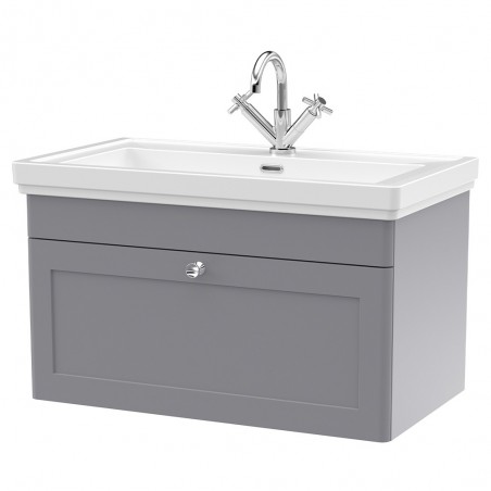 Classique 800mm Wall Hung 1 Drawer Vanity Unit with Basin Satin Grey - 1 Tap Hole