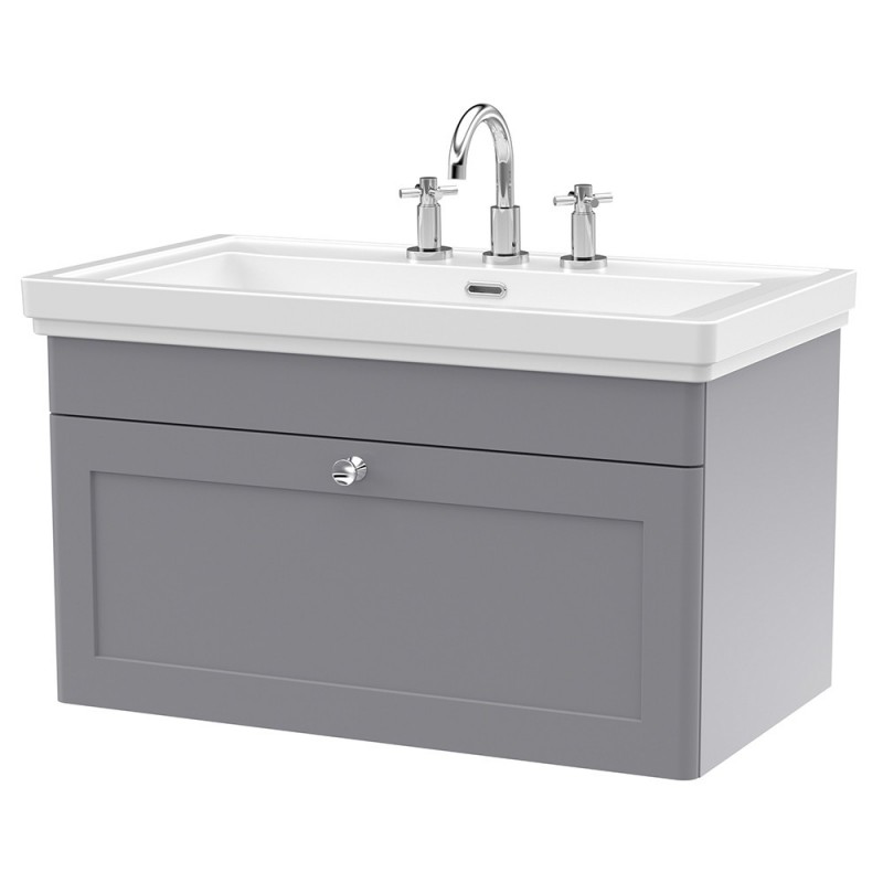 Classique 800mm Wall Hung 1 Drawer Vanity Unit with Basin Satin Grey - 3 Tap Hole Classique 800mm Wall Hung 1 Drawer Vanity Unit with Basin Satin Grey - 3 Tap Hole