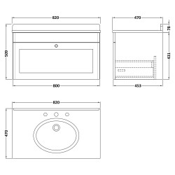Classique 800mm Wall Hung 1 Drawer Unit & 3 Tap Hole Marble Top with Oval Basin - Satin Grey/Black Sparkle - Technical Drawing