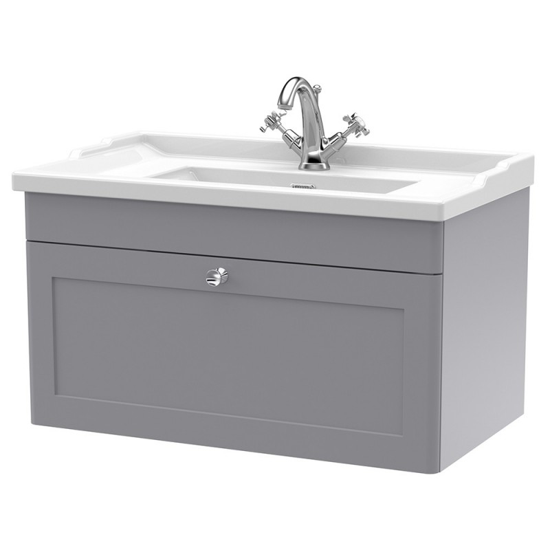 Classique 800mm Wall Hung 1 Drawer Unit & 1 Tap Hole Fireclay Basin - Satin Grey Classique 800mm Wall Hung 1 Drawer Unit & 1 Tap Hole Fireclay Basin - Satin Grey