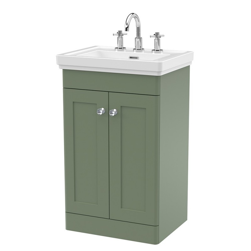 Classique 500mm Freestanding 2 Door Vanity Unit with Basin Satin Green - 3 Tap Hole Classique 500mm Freestanding 2 Door Vanity Unit with Basin Satin Green - 3 Tap Hole
