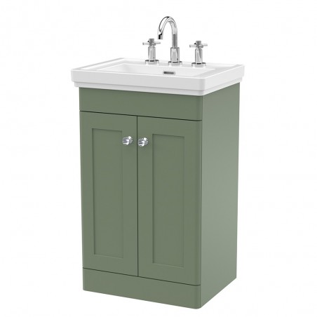 Classique 500mm Freestanding 2 Door Vanity Unit with Basin Satin Green - 3 Tap Hole