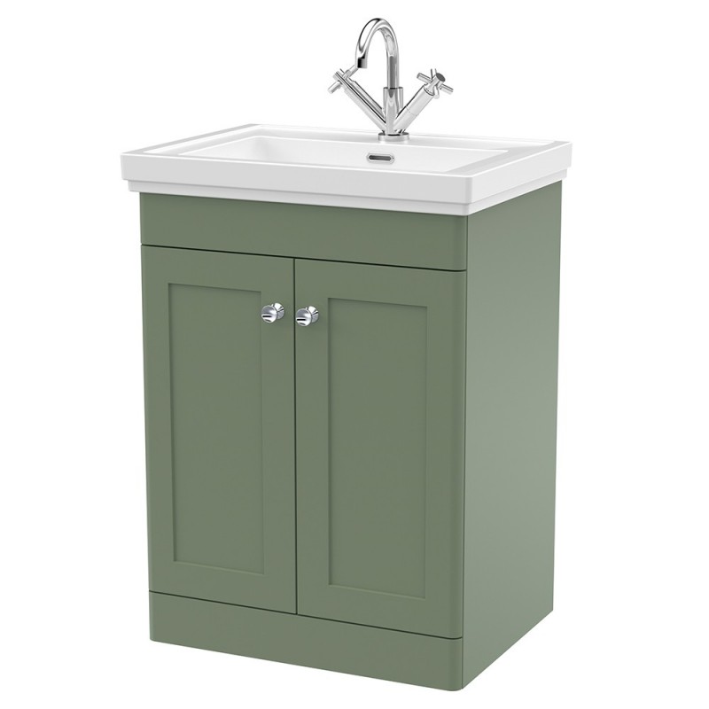 Classique 600mm Freestanding 2 Door Vanity Unit with Basin Satin Green - 1 Tap Hole Classique 600mm Freestanding 2 Door Vanity Unit with Basin Satin Green - 1 Tap Hole