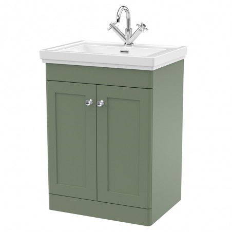 Classique 600mm Freestanding 2 Door Vanity Unit with Basin Satin Green - 1 Tap Hole