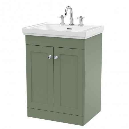 Classique 600mm Freestanding 2 Door Vanity Unit with Basin Satin Green - 3 Tap Hole