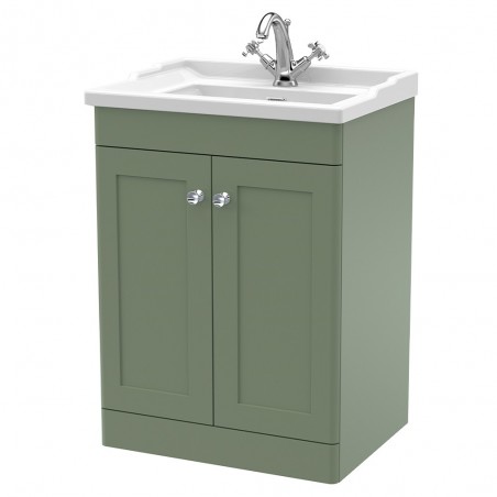 Classique 600mm Freestanding 2 Door Unit & 1 Tap Hole Fireclay Basin - Satin Green/Black Sparkle