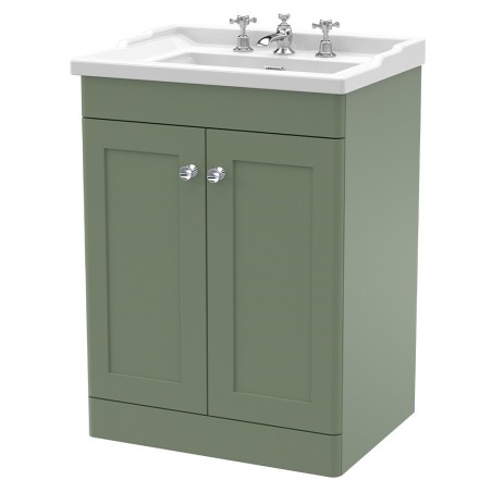 Classique 600mm Freestanding 2 Door Unit & 3 Tap Hole Fireclay Basin - Satin Green/Black Sparkle