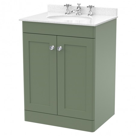 Classique 600mm Freestanding 2 Door Unit & 3 Tap Hole Marble Top with Oval Basin - Satin Green/White Sparkle