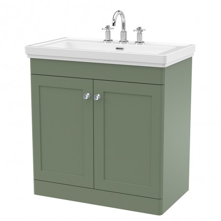 Classique 800mm Freestanding 2 Door Vanity Unit with Basin Satin Green - 3 Tap Hole